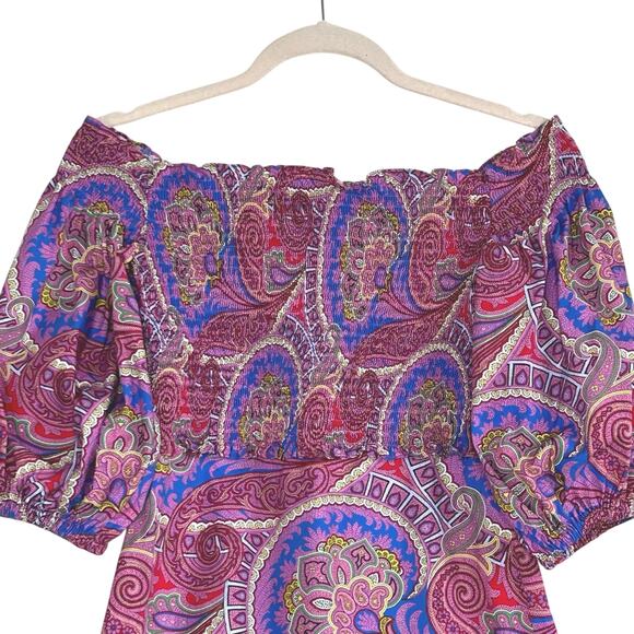 Alexis Alona Off the Shoulder Paisley Mini Dress Smocked Puff Sleeve Purple - Picture 4 of 7